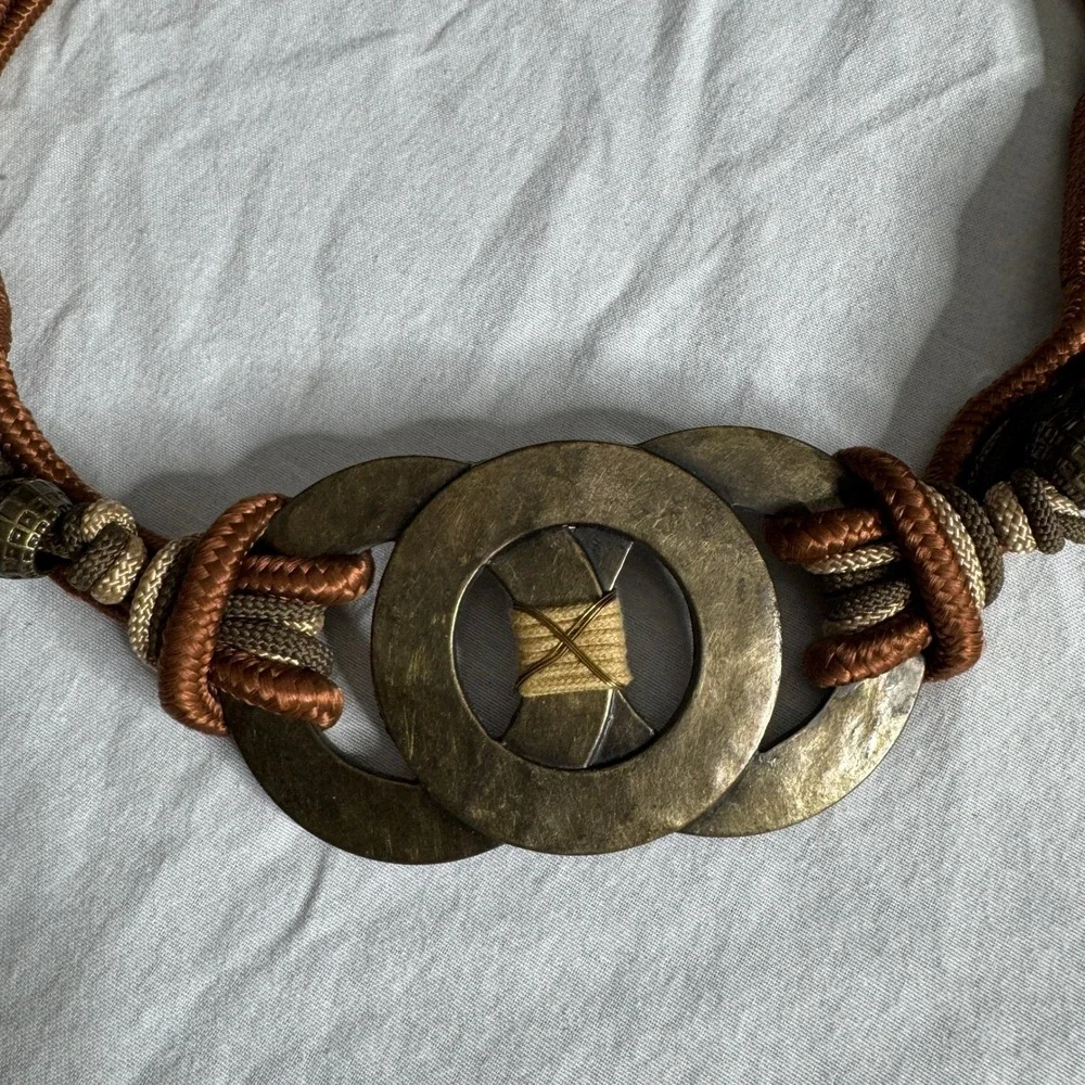 Vintage 1994 Leather Shop Brown Braided Cord Belt Brass Interlocking Ring Buckle
